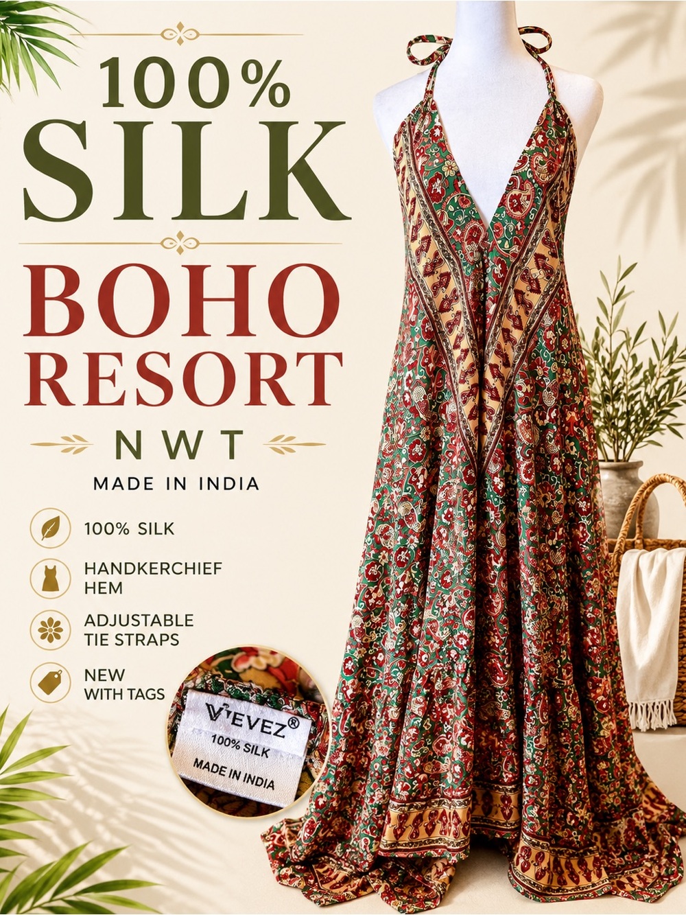 Boho Resort 100% Silk Halter Maxi Dress - Red & Green Floral